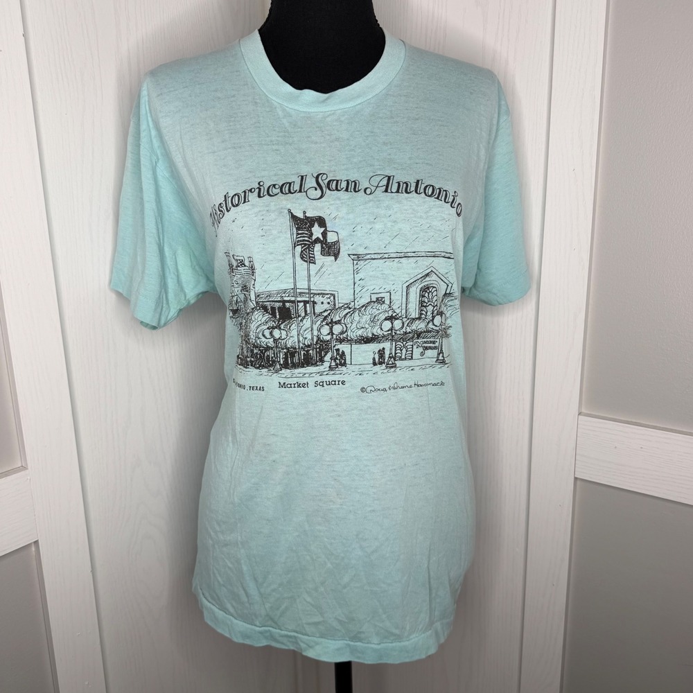 Vintage Screen Stars San Antonio Graphic T-Shirt Womens Large Blue Market Square